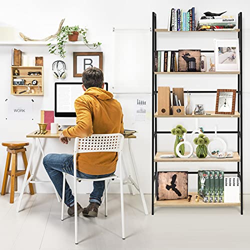 Springsun 5 Tier Bookshelf Industrial Ladder Shelf Open Display Storage Rack Wood Bookcase With Metal Frame, Freestanding Storage Shelves For Home Office, Living Room, Bedroom, Kitchen #TOP4