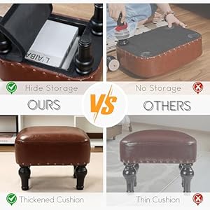 Ottoman leather foot rest with thicker foam padded seat footstool with wooden legs brown  urban country home decor