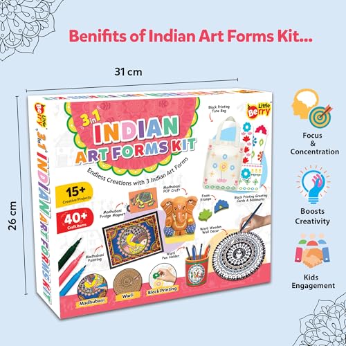 Image of Little Berry Indian Art Forms Kits - 3 in 1 Indian Art Forms Kit | Learn Warli & Block Printing | DIY Art & Craft Kits with Drawing Kit & Colour Set for Kids 6-12 | Educational Gift for Girls & Boys