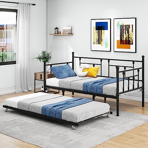 VERFARM Tagesbett Bettgestell 90x200 cm Bett mit Ausziehbares Bett, Einzelbett Schlafsofa mit Lattenrost für Gästezimmer Jugendbett, Metallbett Tagesbett Bettrahmen für Schlafzimmer Wohnzimmer,Schwarz