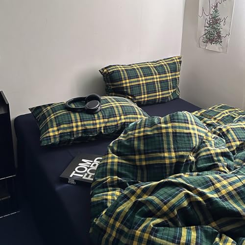 Image of MKXI Twin Size Forest Green & Mustard Yellow Plaid Duvet Cover Set, 3 Piece All Season Washed Cotton Bedding, Vintage Preppy Style Rustic Outdoor Bed Set with Zipper Closure & Corner Ties