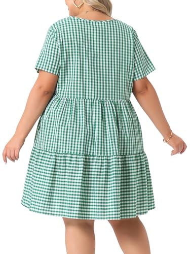 Image of Agnes Orinda Plus Size Gingham Dresses 1950s Vintage Plaid Round Neck Short Sleeve Tiered Midi Summer Dress