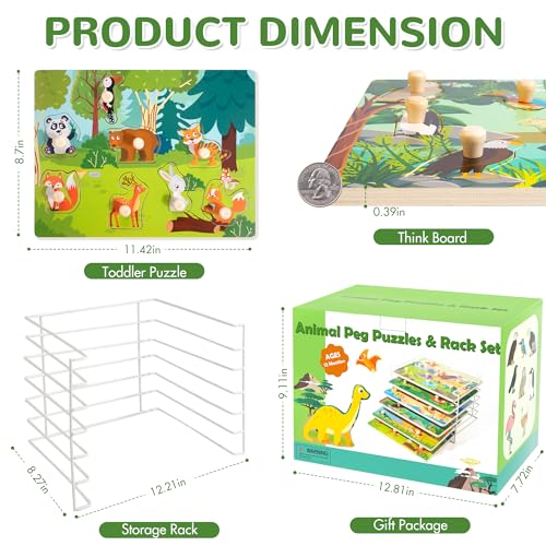 Bravmate Wooden Puzzles for Toddlers 1-3 - 6 Pack Pegged Puzzles with Storage Rack, Baby Knob Puzzles for 12-18 Months, Educational Animal Theme Puzzles Include Forest Savannah Ocean Dinosaurs Birds - Thumbnail 7