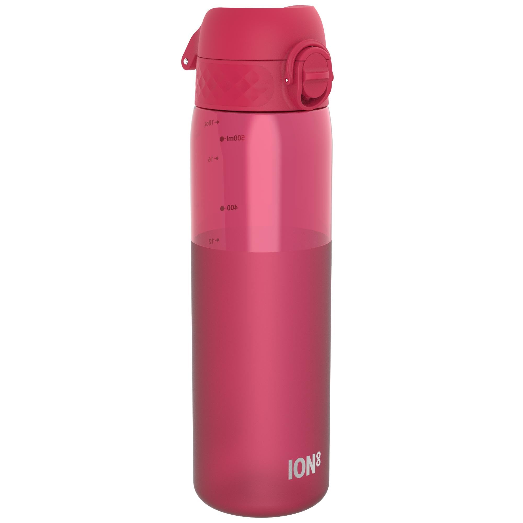 ION8 Water Bottle, 500 ml/18 oz, Leak Proof, Easy to Open, Secure Lock, Dishwasher Safe, BPA Free, Hygienic Flip Cover, Carry Handle, Fits Cup Holders, Easy Clean,Carbon Neutral, Half Cut Viva Magenta