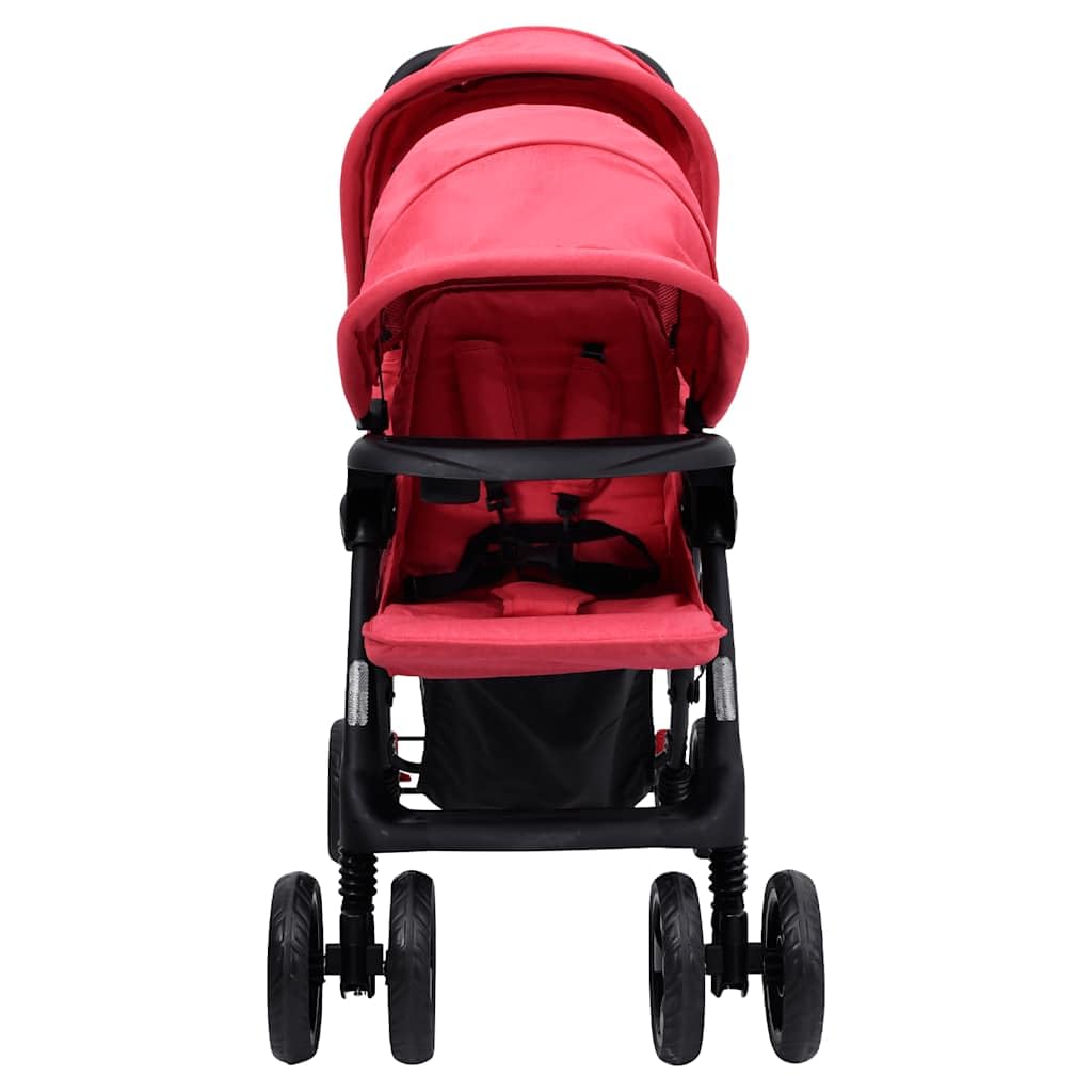 Passeggino gemellare, rosso, acciaio e lino, pieghevole, compatto, adatto per città e terreno, con tettuccio parasole e cestino, per neonati e bambini piccoli