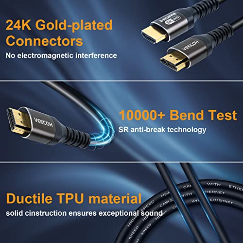 Veecoh 8K Hdmi Cable 15Ft/5M,Ultra High Speed Hdmi 2.1 Cables,Hdr 48Gbps 4K@120Hz 8K@60Hz,Hdmi Cord,Earc,Arc,Cec,Hdcp 2.2,Compatible With Ps5 Ps4/Xbox One/Apple Tv/Roku Tv/Hdtv/Blu-Ray #TOP6