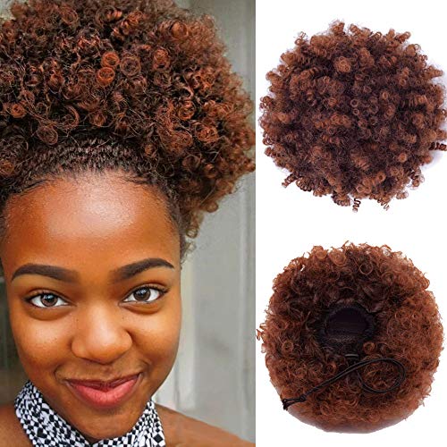 DQ Ombre Brown Afro Short Curly Synthetic Puff for Women, High Temperature Heat Resistant Hair Ponytail with Drawstring and Combs Updo Wrap Natural Real Looking (Medium,T30)