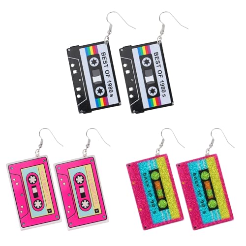 3 Pairs Cassette Tape Earrings, 80s 90s Neon Acrylic Drop Earrings for Women Glitter Retro Jewelry Radio Earring for 80s 90s Outfits Glow Parties Music Festivals Halloween