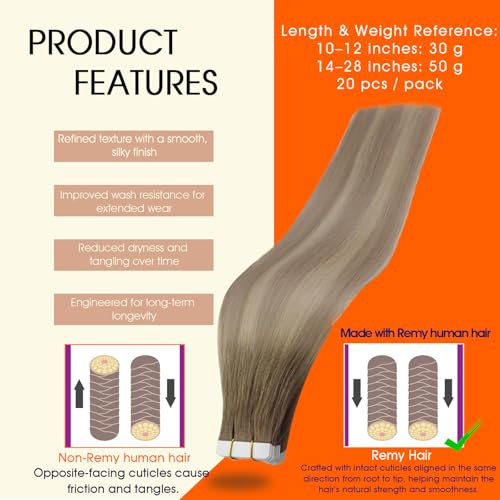 Image of Full Shine Blonde Tape in Hair Extensions Human Hair Color 8 Ash Brown Ombre 60 Blonde And 18 Straight Tape ins Human Hair Extensions 14Inch 50Gram Seamless Invisible Skin Weft 20Pcs for Party