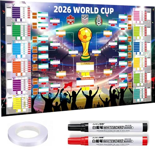 Hualinshengyu Fußball WM 2026 Spielplan Poster mit 2 Stift Fussball Planer Spielplan Weltmeisterschaft Enthält 48 Mannschaften Gruppen Knockout und Finale alle Ergebnisse der Spiele (84×60cm)