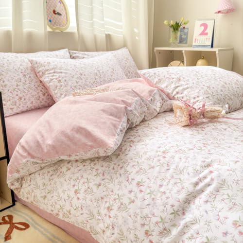 AShanlan Bettwäsche 200x200 Baumwolle Weiß Rosa Blumen Bettwäsche-sets – Ansicht 2
