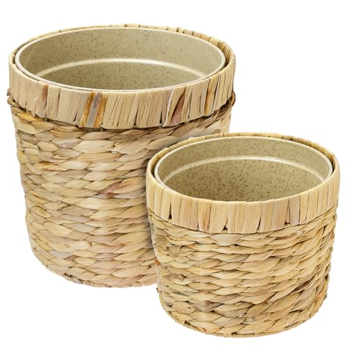 HMF Innovadora maceta trenzada de jacinto de agua, con maceta de materias primas sostenibles, redonda, juego de 2, 19 cm + 25 cm de diámetro