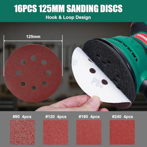 Hychika Random Orbital Sander, 300W 12000OPM Orbital Sander, 6 Variable Speeds,16 Sanding Discs(125Mm), With Dust Collection And Quick Braking Functionality, For Sanding And Polishing Wood - 5
