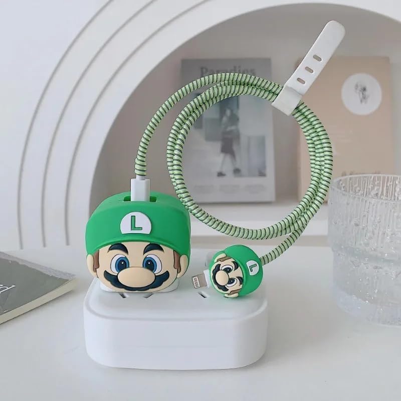 Image of INEFABLE Charger Case Cover Protector with 3D Cute Pattern for iPhone Charger only 18W & 20W, Data Charging Cable Wire Saver Protective Cable Cover Full Protection - Set of 1 (Green Mario)