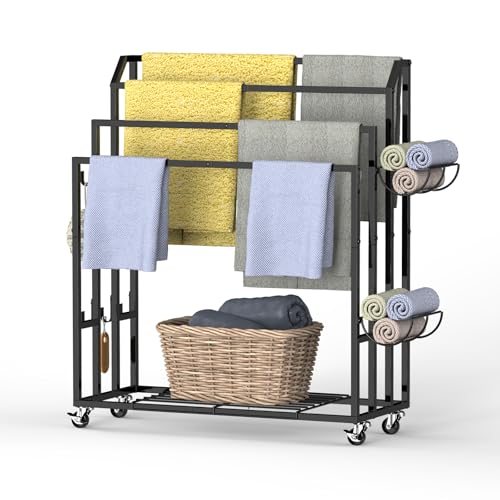 Free Standing Towel Rack for Bathroom, 4 Tier Floor Towel Holder Stand with Storage Shelves, Metal Blanket Rack Holder,Towel Drying and Display Rack Outdoor, Black