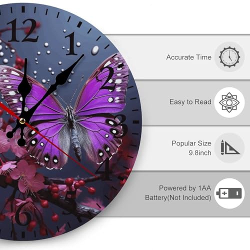 Horloge murale papillon violet prune de 30x30 cm tendance