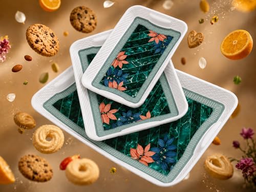 Image of 3 Pcs Plastic Serving Tray Set with Handle | Multipurpose Tea Snacks Breakfast Tray | Floral Printed Rectangular Serving Trays for Kitchen & Home (Green Leaf)