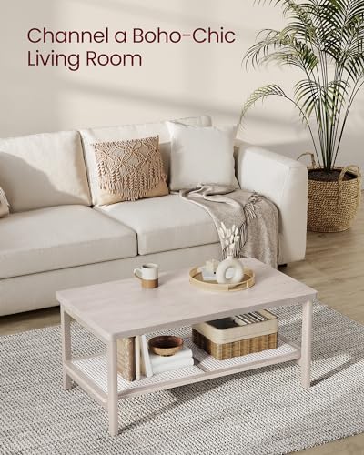 Image of VASAGLE 2-Tier Coffee Table, Rectangular, PE Rattan Shelf, Rounded Corners