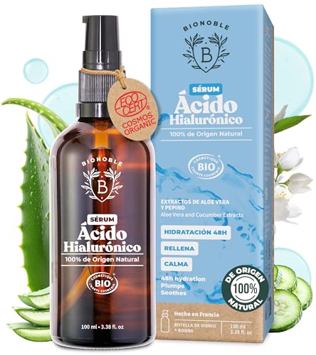 BIONOBLE Serum Facial Acido Hialuronico Orgánico - Antiarrugas Mujer, Hidratante Facial y Antiedad - Piel, Cara, Contorno de Ojos - Botella de Vidrio con Bomba - Serum Acido Hialuronico Vegano - 100ml