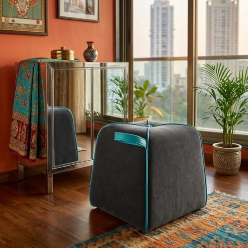 Image of CASASTYLE Signature Velure Suri Accent Pouf | Boston Fabric | 40D High-Density Foam | (Ash Grey) | Footrest, Vanity Ottoman & Accent Seat for Home, Office & Hotel