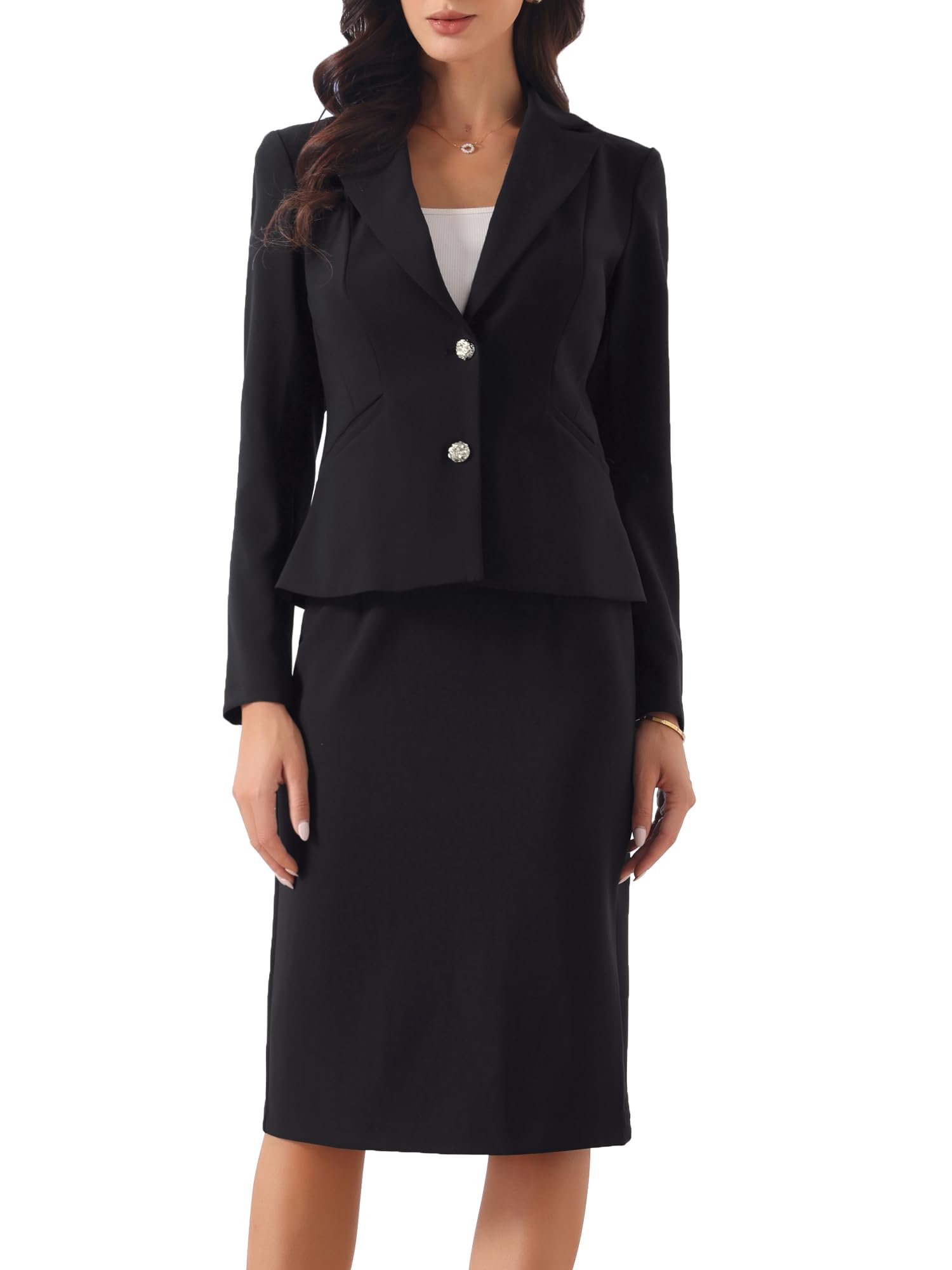 Allegra K Ensemble Tailleur 2 Pièces Femme Blazer à Manches Longues et Jupe Crayon Tenue de Travail Formelle