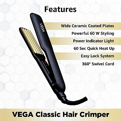Image of VEGA 3 in 1 Hair Styler, Straightener, Curler & Crimper (VHSCC-01), Black & Classic Hair Crimper With Quick Heat Up & Ceramic Coated Plates, (VHCR-01), Black