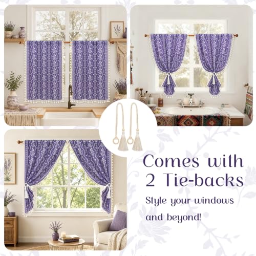 Image of Yinhua Boho Kitchen Curtains 36 Inch Length Vintage Linen Cafe Curtains Light Filtering Bohemian Floral Tier Rod Pocket Farmhouse Rustic Tassel Small Drapes with Tiebacks, 2 Panels, Purple