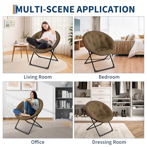 Saucer Chair, Oversized Faux Fur Lounge Chair with Gold Metal Frame for Adults, Foldable Comfy Seat for Bedroom, Dorm & Living Room, (Brown)