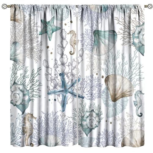 JanJCurt Nautical Coastal Curtains, Sea Ocean Coral Watercolor Starfish Seashell Jellyfish Undersea Life Print Blackout Window Curtains for Kids Bedroom Living Room Kitchen, 42" W X 63" L