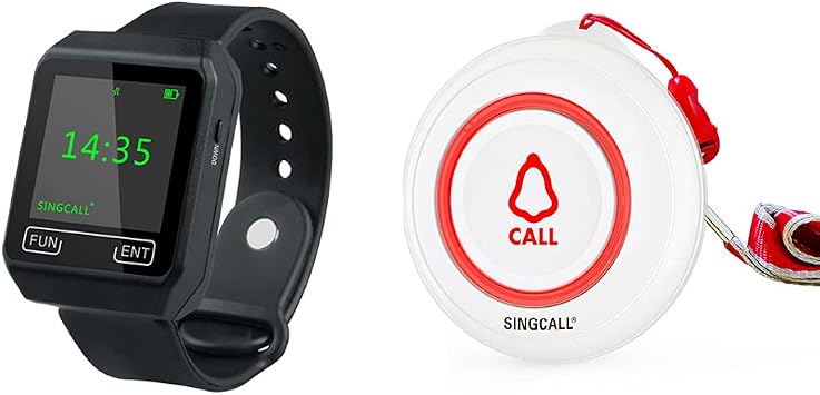 SINGCALL Wireless Caregiver Pager Smart Call System Nurse Calling Alert Patient Help System for Home/Elderly/Patient/Disabled Attention Pager 1 Portable Watch Receiver 1 SOS Transmitter