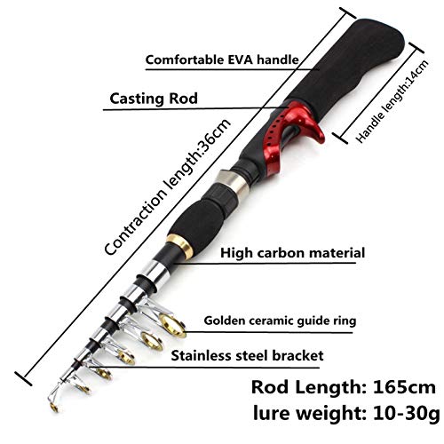 Canne de pêche 165 cm télescopique rouge avec moulinet casting