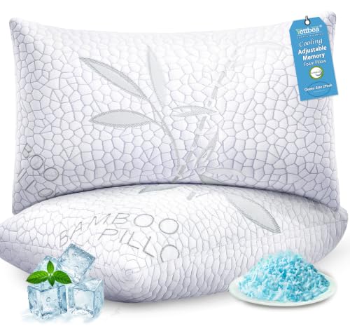 Yettbea Shredded Memory Foam Cooling Pillows Queen Size Set of 2 Supportive Firm Bamboo Bed Pillows- Adjustable Loft with Zippered Cover for Hot Side Back Stomach Sleeper