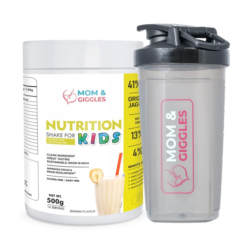 Image of MOM & GIGGLES Plant Based Protein Powder| Vegan protein Powder | Pea Protein Powder | Kids Nutrition Shake - With Shaker - (Banana Flavour) Pack of 1-500 gm