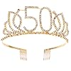 Frcolor Kroon verjaardag 50 diadeem tiara met haarkam kristal strass verjaardagscadeau 50 jaar voor vrouwen (goud)