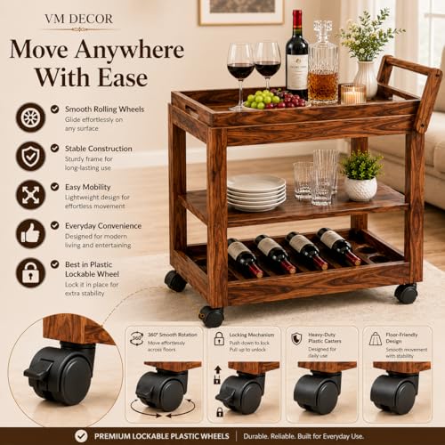 Image of Solid Wood 3-Tier Rolling Bar Cart | Mobile Kitchen Island & Serving Trolley with Removable Top Tray & Integrated Bottle Holder Wine Serving Trolley| Brown Finish