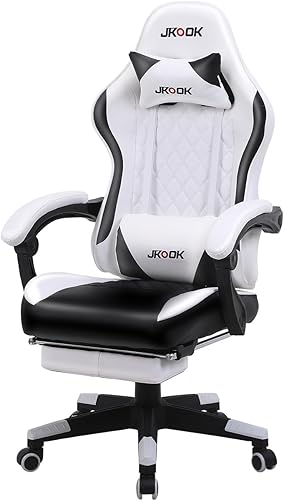 JKOOK JK08 - Silla de juegos con reposapiés, silla de escritorio multifuncional con reposabrazos de conexión, piel sintética, sillas de computadora