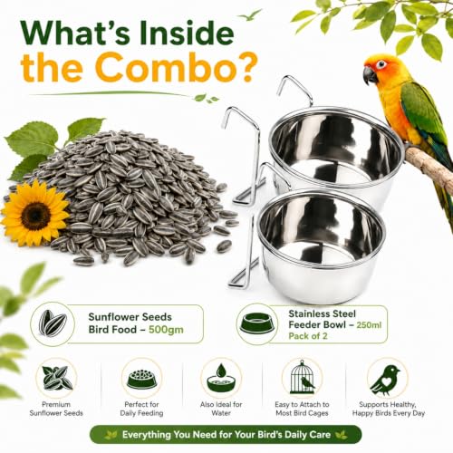 Image of Sage Square Bird Feeding Combo | Sunflower Seeds Bird Food 500gm + Stainless Steel Cage Feeder Bowl 250ml Set of 2 | Food, Seed, Water Serving Bowl for Parrot, Macaw, Cockatoo, Exotic Birds