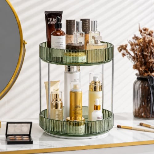 Image of MECHDEL Makeup Organiser Box with Drawers, Perfume, Cosmetic and Skincare Storage Stand, Dressing Table Organiser for Lipstick, Nail Polish (360 Rotating-Transparent Green, 2 Tier)