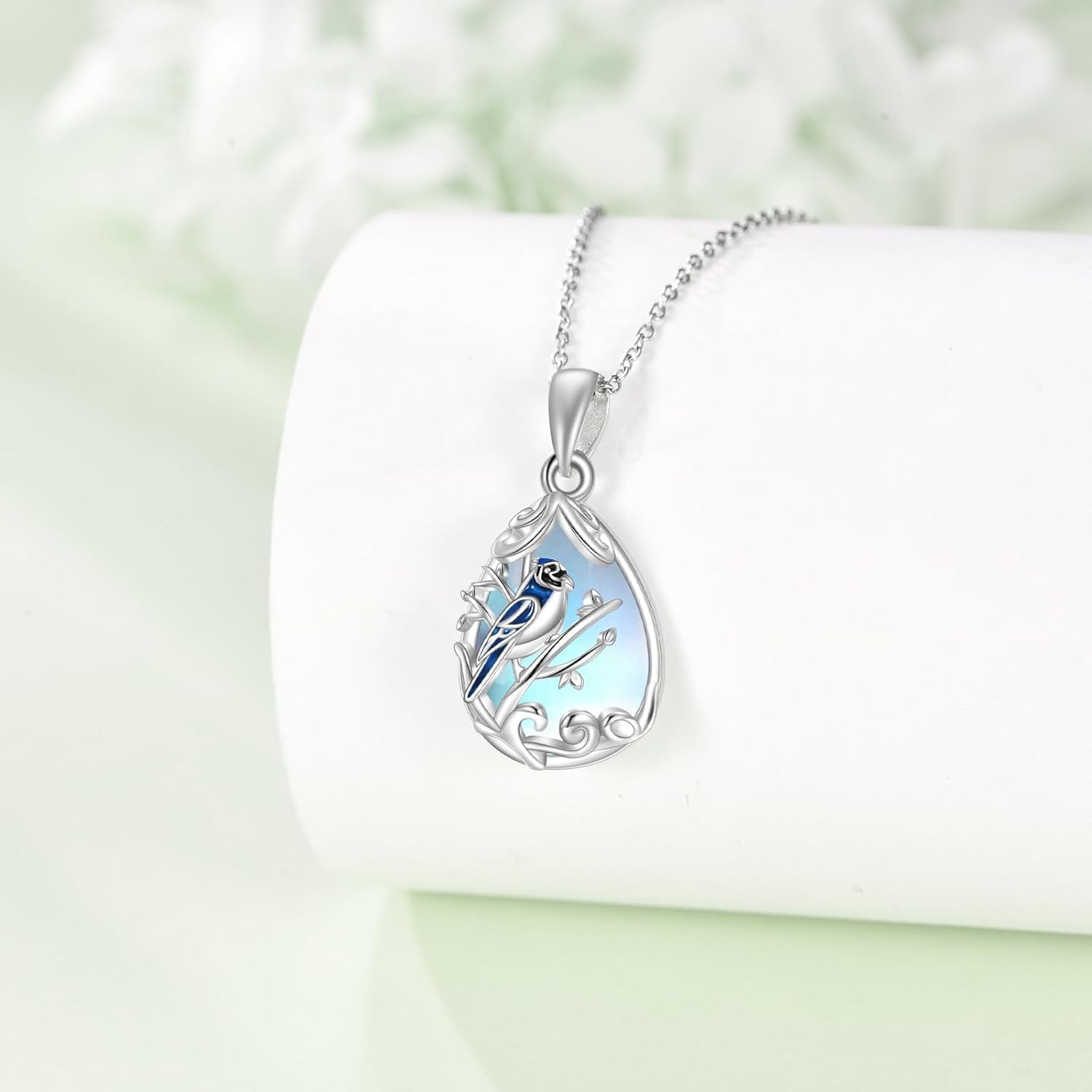 YFN Blue Jay Necklace, 925 Sterling Silver with Moonstone, Teardrop Pendant, 1.06 inch