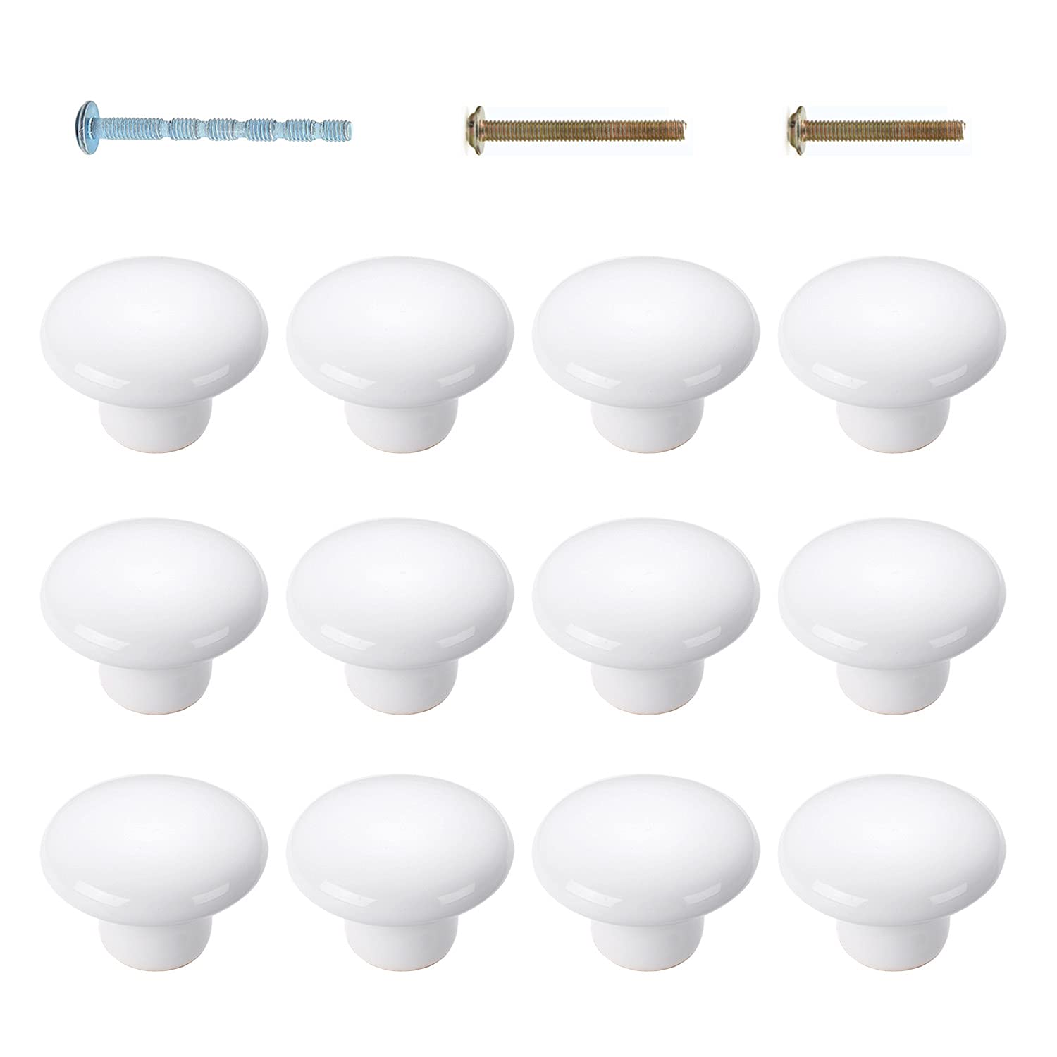 12PCS Round Glossy Ceramic Mushroom Cabinet Knobs (38mm) with 3 Size Screws
