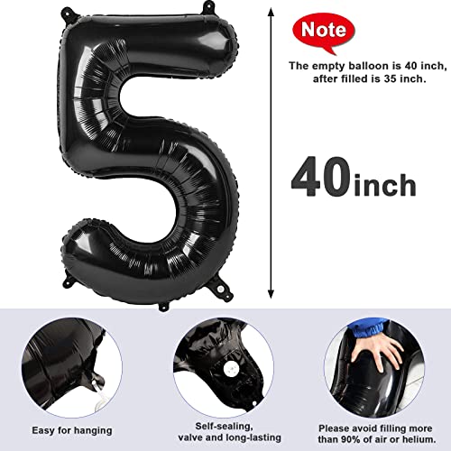 Image of Number 5 Balloons Birthday Decorations, 40In Black Balloons for Men Women | Eye-catching Appearance, Perfect Decorative Centerpieces, Convenient Self-sealing Structure, Widely for Various Occasions