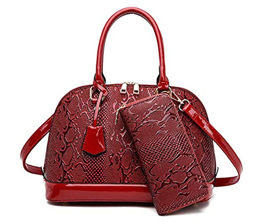 Bolsa de couro envernizado com estampa de crocodilo e alça superior vem com carteira, Vinho, Large