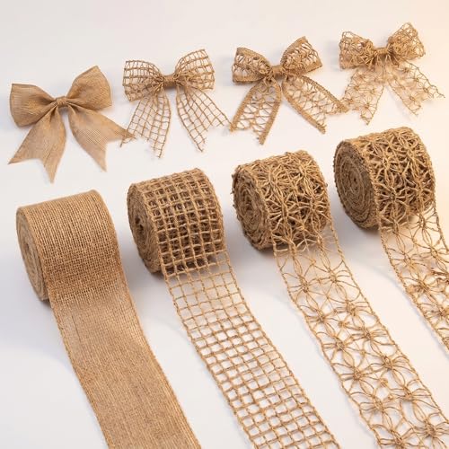 4 Pcs Burlap Ribbon Wired Natural Jute Lace 1.6-2 Inch x 9Yard Wrapping Ribbon for Crafts Wedding Gift Wrapping Rustic Outdoor Decoration Wreath Holiday DIY Home Decor