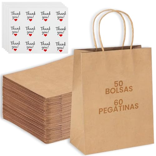 50PCS Bolsas papel kraft 21x15x8 cm (pequeñas) - Bolsas de papel con 60 pegatinas para cerrar o decorar - Bolsas regalo - Bolsas papel pequeñas, Bolsas de regalo, Bolsa papel kraft (21x15x8cm)