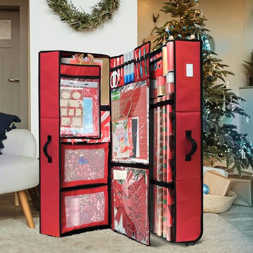 Image of Hearth & Harbor Wrapping Paper Storage Container with Ribbon Dispenser and Interior Pockets - Large Christmas Storage Containers with Wheels, Fits 30 Rolls of 40 inch Length, Red
