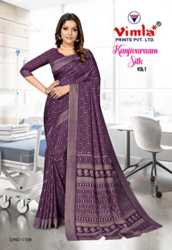 Image of Vimla Women's Kanjivaram Silk Uniform Saree and Unstitched Blouse Piece | Office School Uniform Saree For Women | Sari for Women
