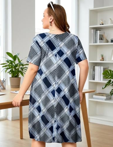 Image of OVERWORETY Womens Short Sleeve Plus Size T-Shirt Dress V Neck Casual Loose Swing A-Line Summer Tunic Dresses with Pockets