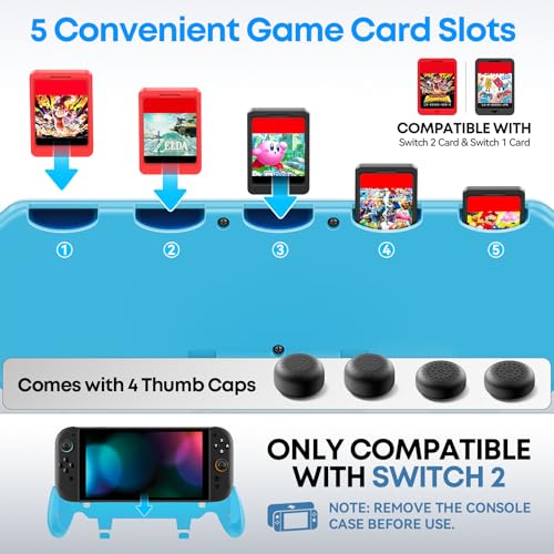 Image of OIVO Grip Compatible with Nintendo Switch 2, Switch 2 Ergonomic Grip Case with Adjustable Stand, Comfort Game Accessories with 5 Game Card Slots and 4 Thumb Caps, Blue