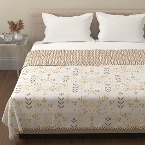 Image of HUESLAND 100% Cotton Reversible Dohar Single Bed Cotton | Soft Cambric Weave, Lightweight AC Blanket for Summer & All Weather Use | 56 x 89 inches, Petal - White, Moss Green & Mustard