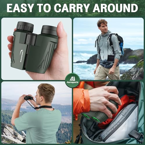Image of Aurosports 15x25 Compact Binoculars for Adult Kids - High Power Binoculars for Bird Watching - Easy Focus Small Binocular with Low Light Vision for Travel, Camping, Concert, Hiking -Green